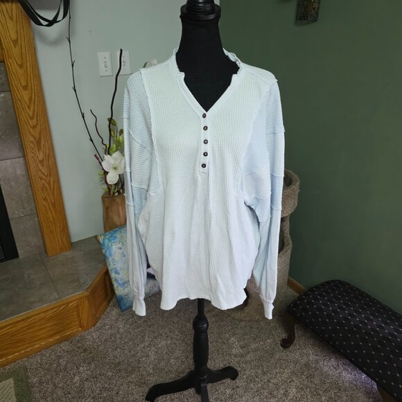 Free People Sweater Women Size Small Baby Blue Callisto Henley Patchwork sweater - Picture 2 of 4